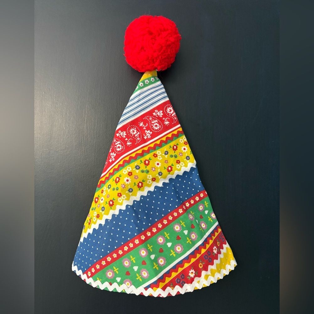 Vintage Handmade Clown Costume Cone Shaped Hat with Red Poof. 70’s Style Fabric